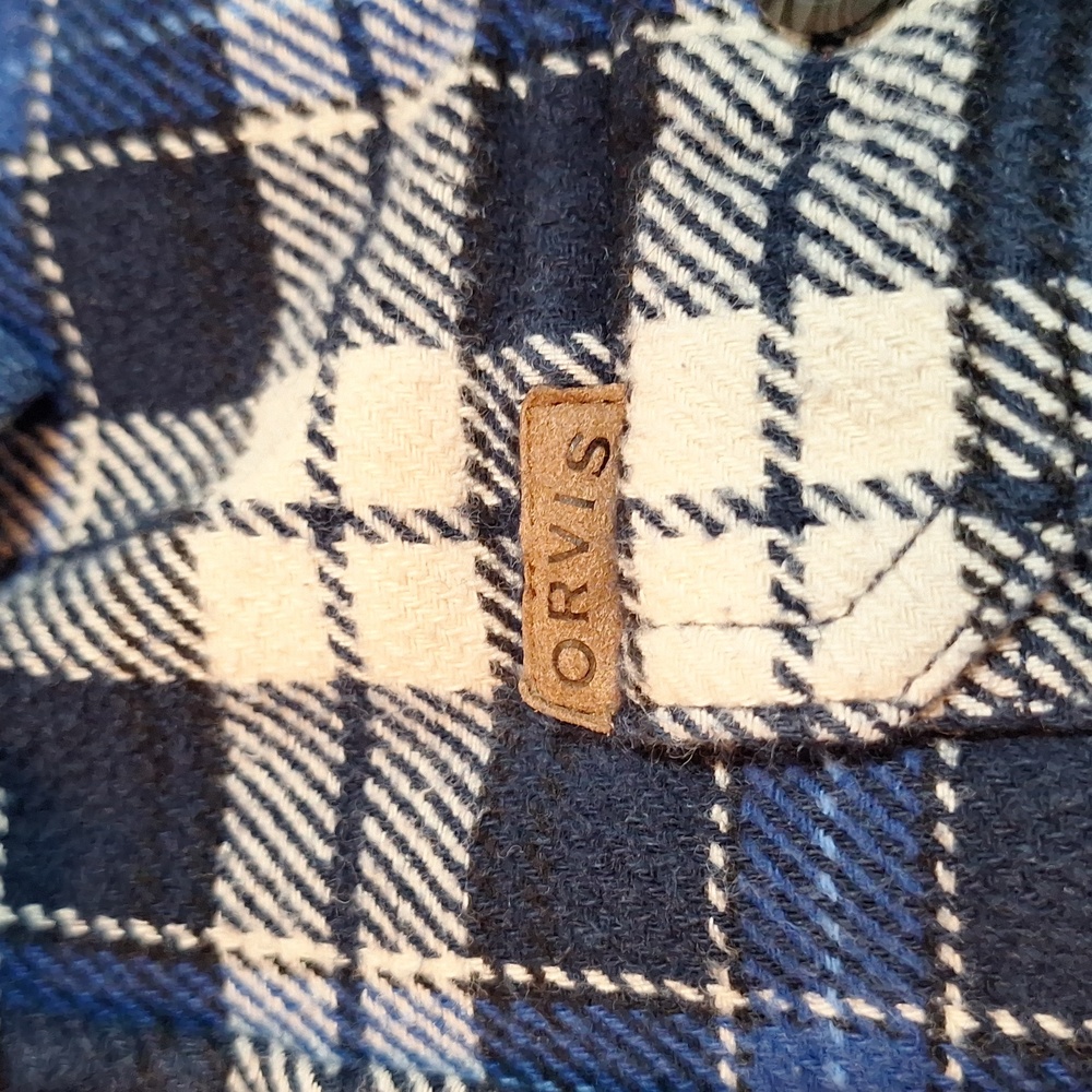 Vintage Orvis Blue White Plaid Shacket‎ Shirt Thick Flannel Large Fishing Jacket - Picture 7 of 9